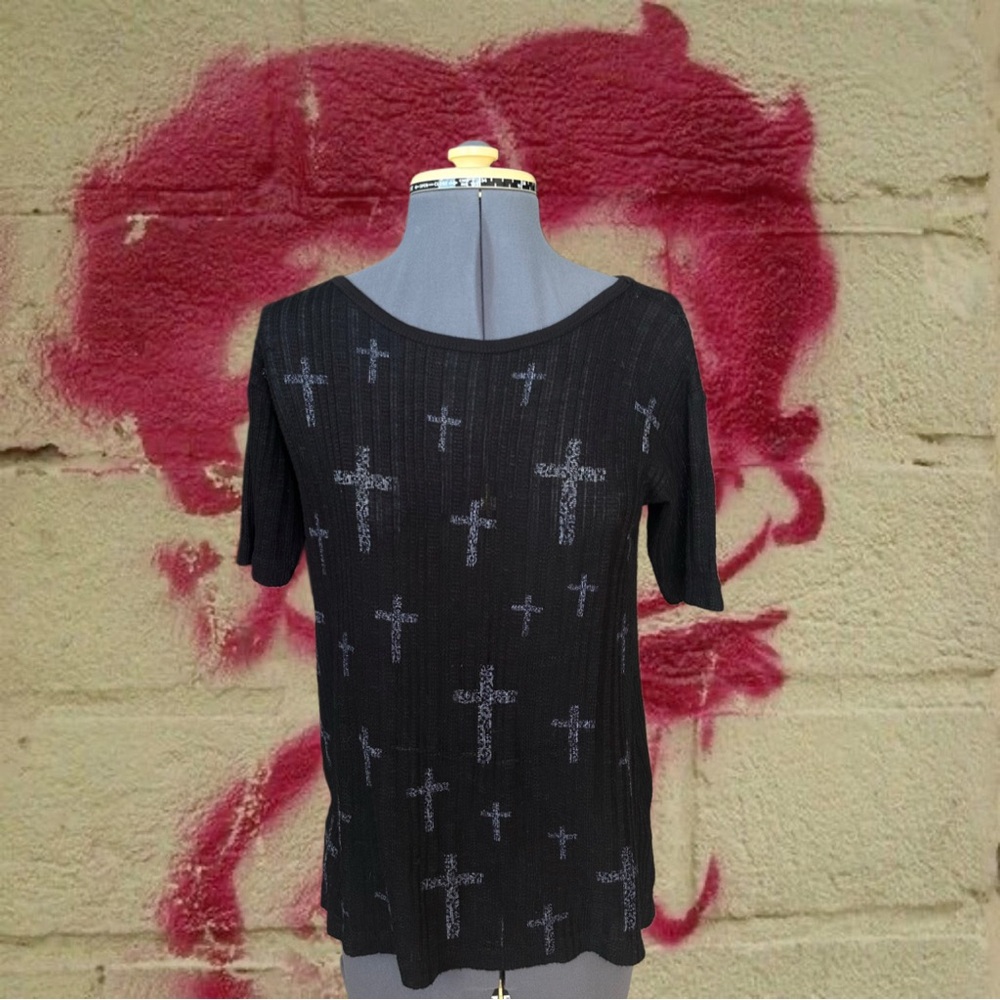 Black Short Sleeve Knit Top with Silver Cross Motif